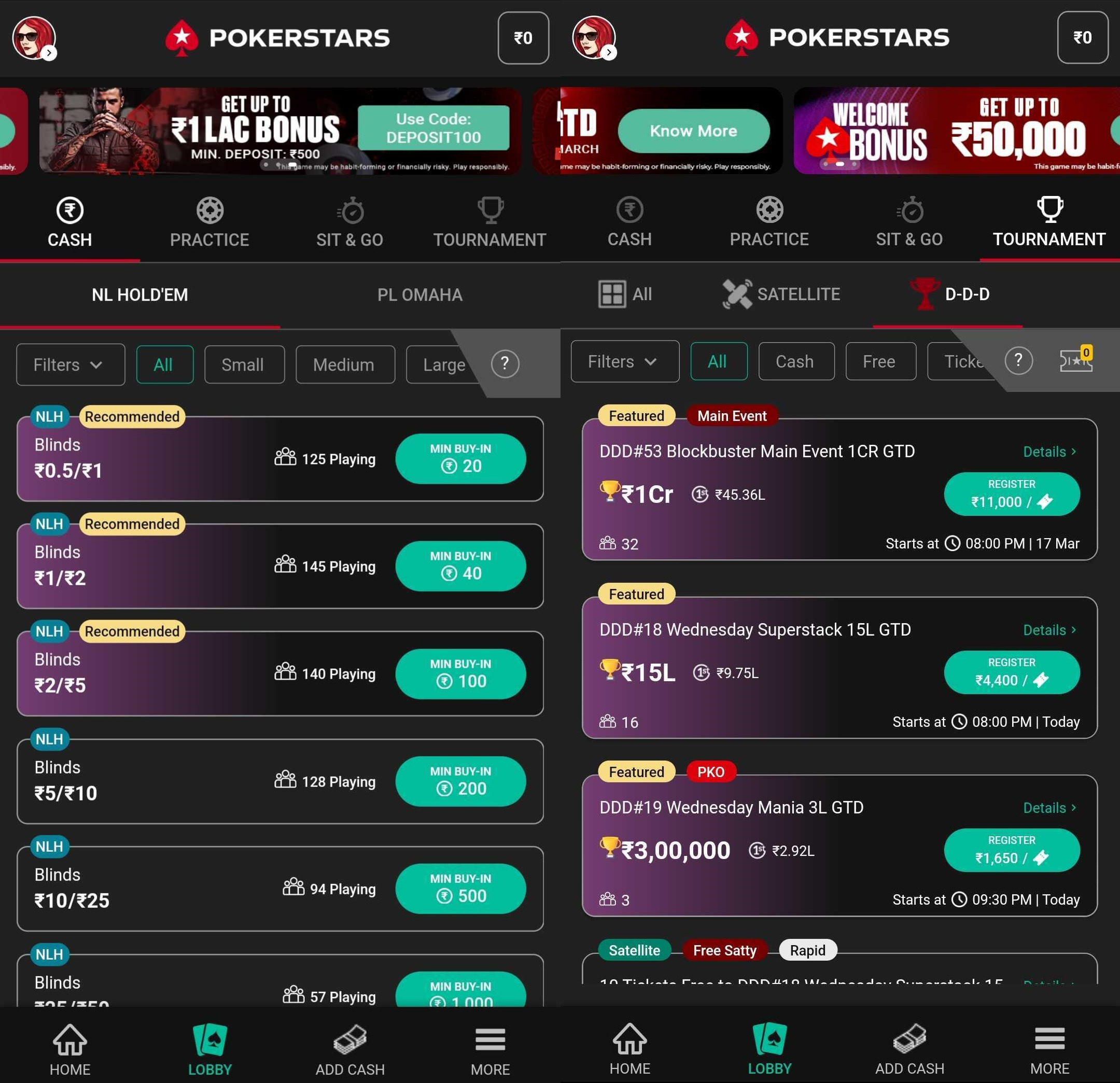 Interfaz de la aplicación PokerStars