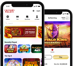 Interface moderne d'une application de casino mobile montrant des machines à sous et des boutons de jeu