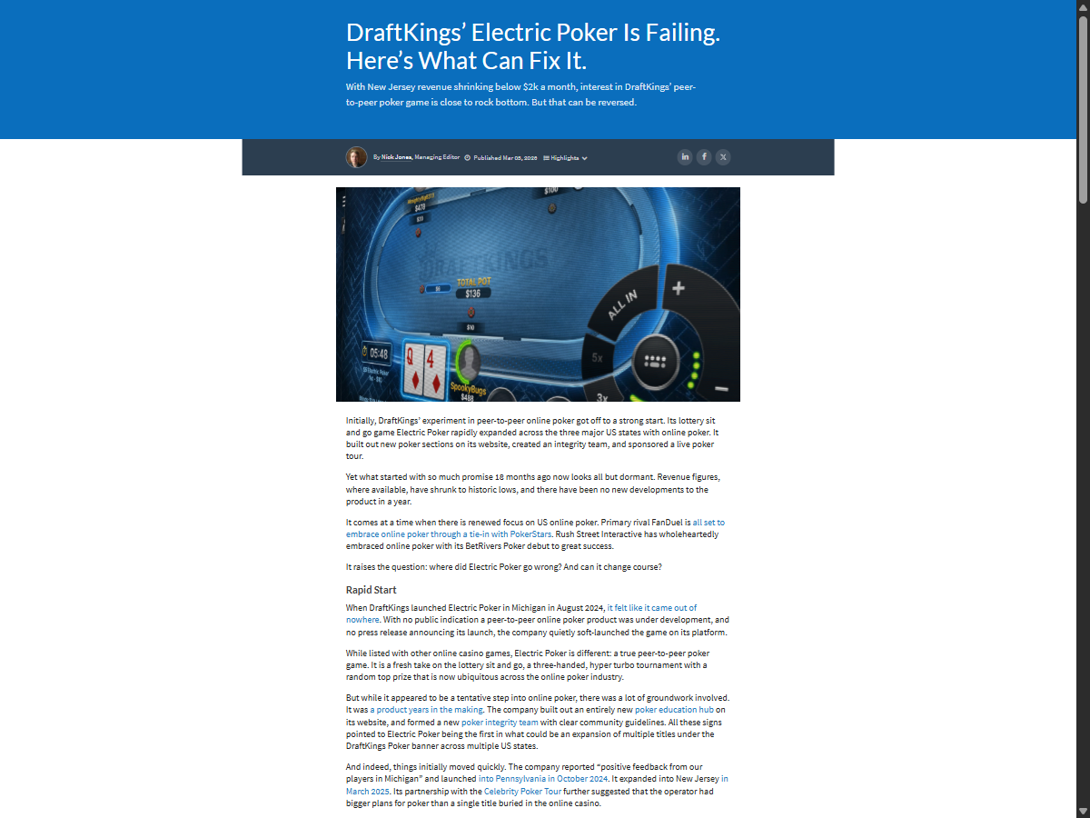 DraftKings' Electric Poker Is Failing